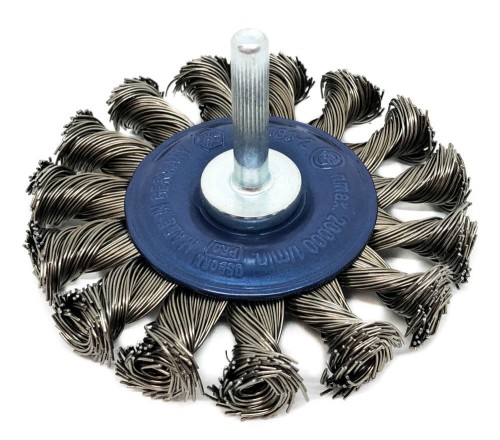 Druciana szczotka tarczowa pleciona o rozmiarze 75x12 mm z trzpieniem 6 mm