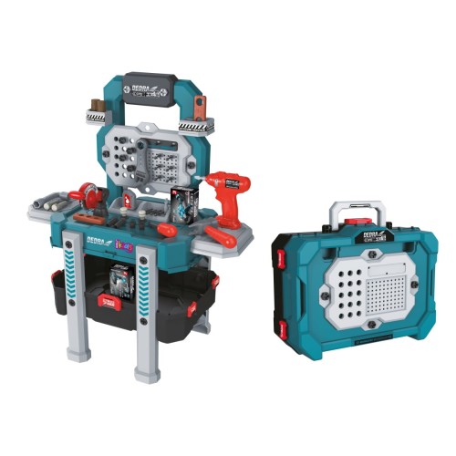 Warsztat dla dzieci DEDRA Kids - stół warsztatowy z narzędziami składany do formy walizki / skrzynki narzędziowej.