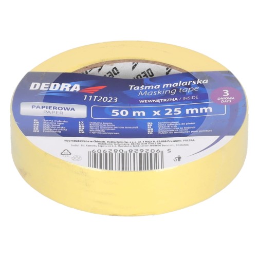 Taśma malarska papierowa 3-dniowa wewnętrzna DEDRA 11T2023 25 mm x 50 m, żółta.