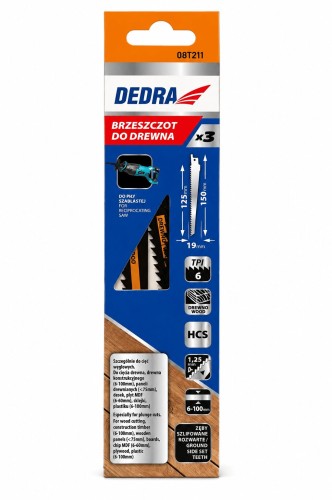 Brzeszczot do cięcia drewna i tworzyw sztucznych DEDRA 08T211 150/125 mm ze stali HCS do piły szablastej - opakowanie przód.